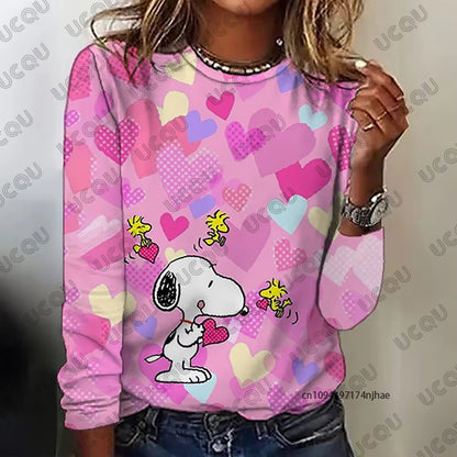 Autumn Winter New Cartoon Snoopy Print Women's Long Sleeve T-shirt Fashion O-neck Tees Casual Sweatshirt Oversize Female Clothes