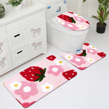 A comfortable three piece set with strawberry pattern can be purchased individually or set together for bathroom carpets
