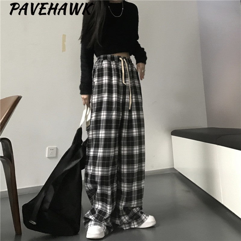 Women Black Plaid Wide Leg Pants Casual Hip Hop Elastic Waist Pockets Baggy Trousers Loose Vintage Y2K Sweatpants Streetwear