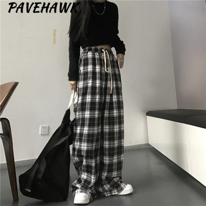 Women Black Plaid Wide Leg Pants Casual Hip Hop Elastic Waist Pockets Baggy Trousers Loose Vintage Y2K Sweatpants Streetwear