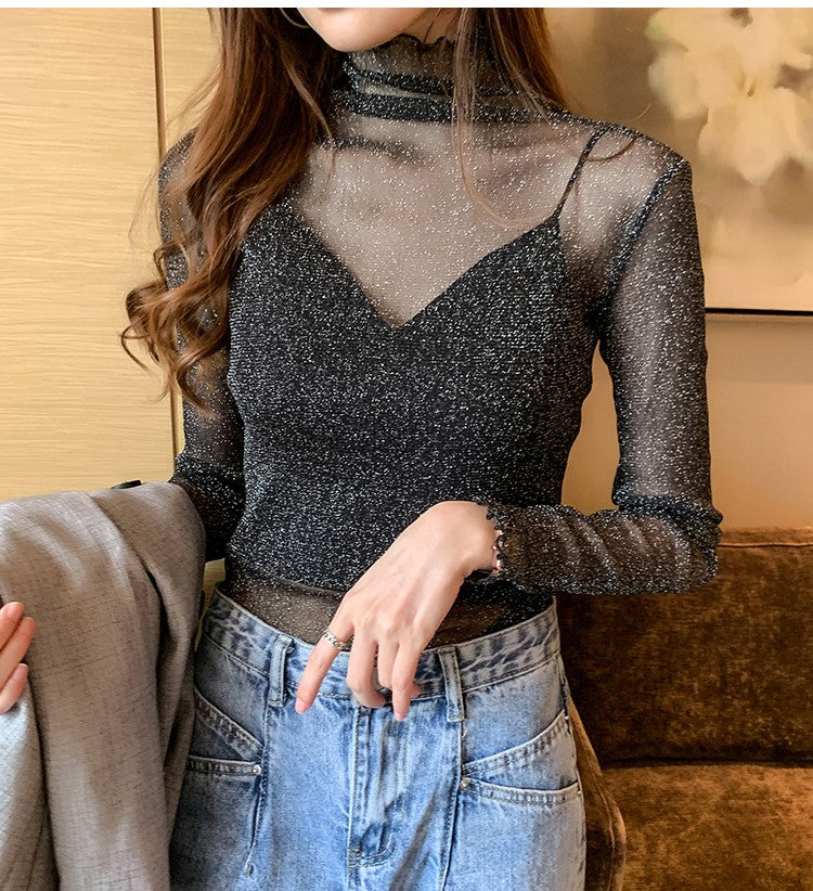 Spring Summer Women's Sexy See Through Mesh Blouse Long Sleeve Transparent Shining Elegant Shirt Fashion Women Tops 2025