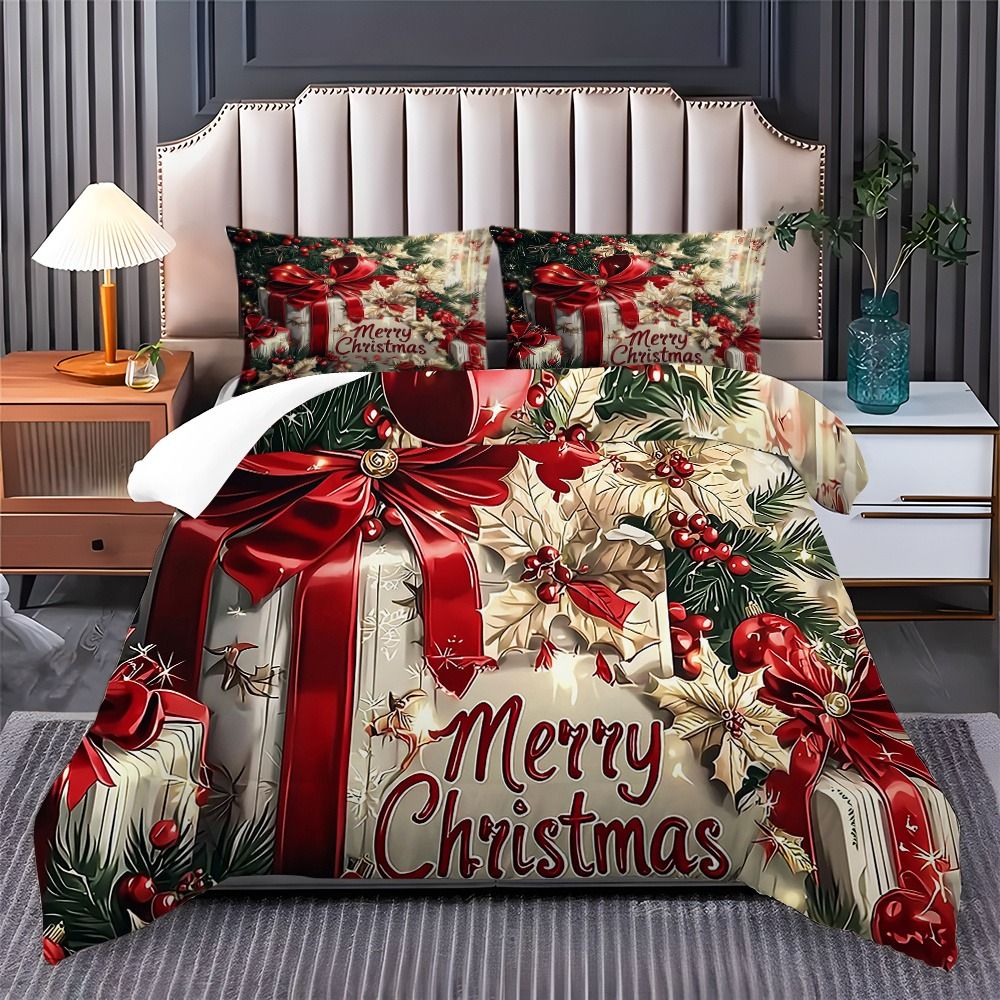 Conjunto de Cama de Natal Laço Vermelho Flores Estampadas Capa de Edredom Aconchegante Tamanho King Queen Solteiro Presente de Ano Novo Natal Decoração de Quarto