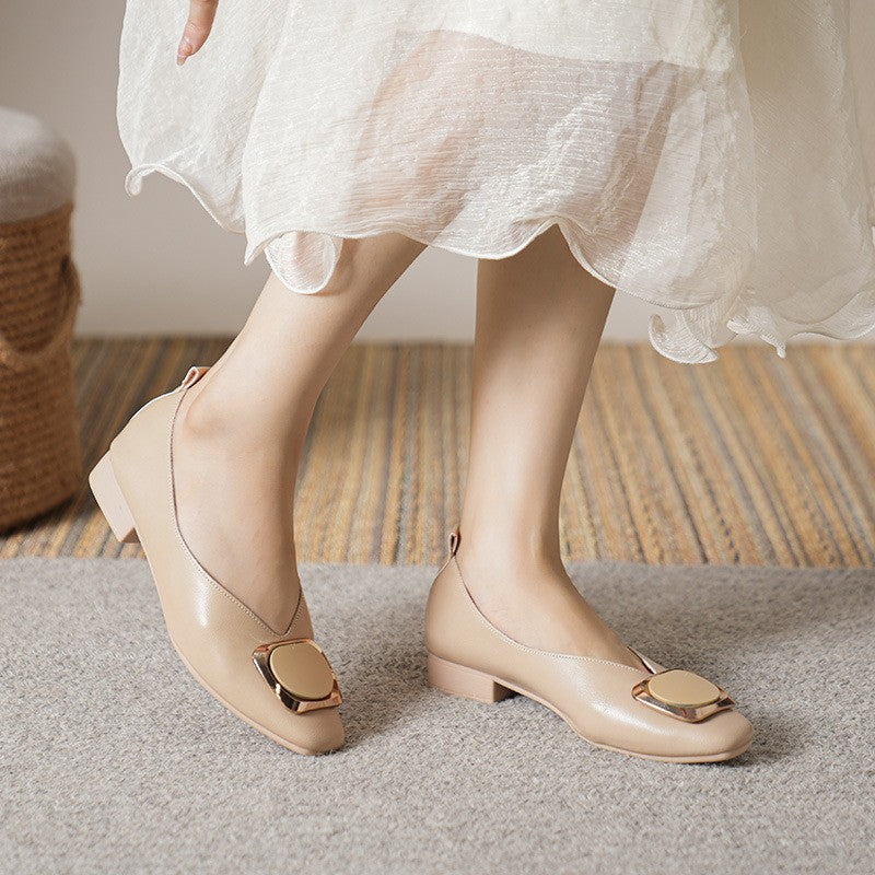 Woman Summer Casual Square Toe Cute Metal Mary Janes Buckle Ballerina Flats Female Bling Elegant Low Heeled Soft Soled Shoes