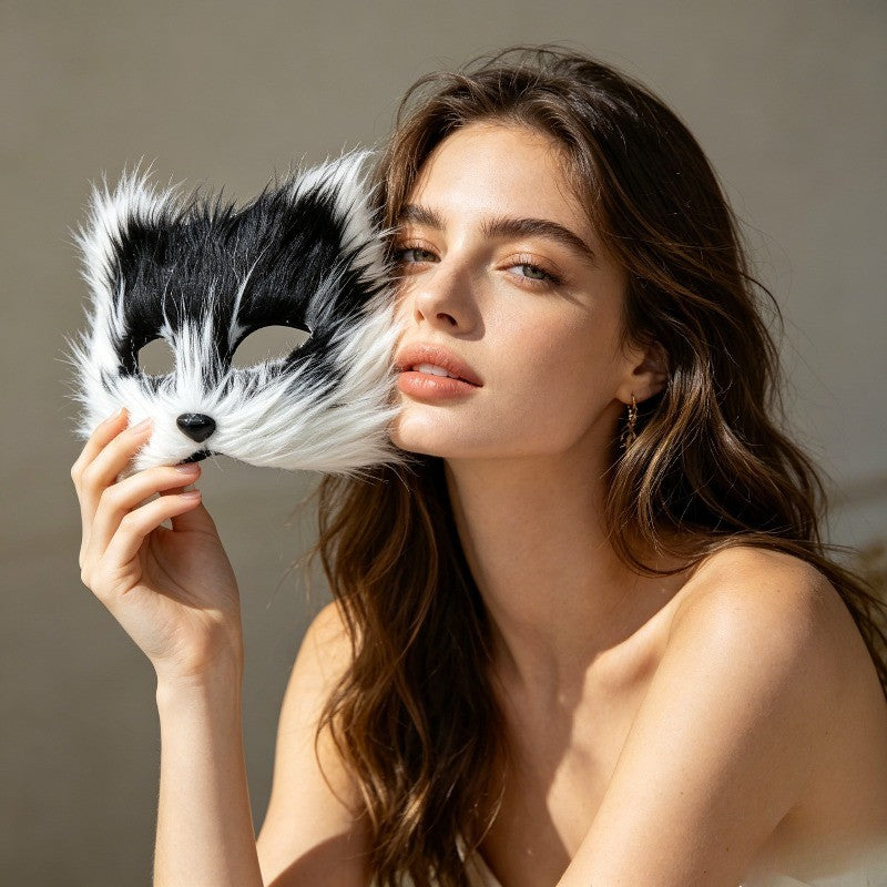 Halloween Plush Half Face Long Fur Animal Mask Masquerade Party Cosplay Costume Dress Up Prop  Cat Mask