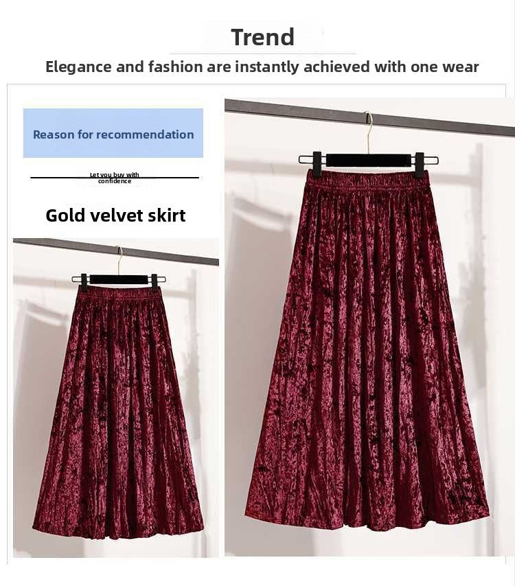 Plus Size Plus Size Women's Velvet Pleated A- Line Midi Skirt Autumn Winter Slimming Half-length Versatile Fashionable Commut...