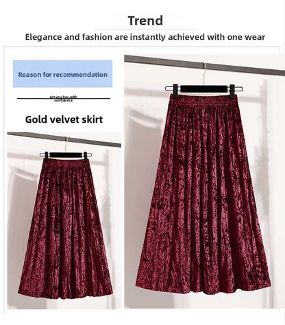 Plus Size Plus Size Women's Velvet Pleated A- Line Midi Skirt Autumn Winter Slimming Half-length Versatile Fashionable Commut...