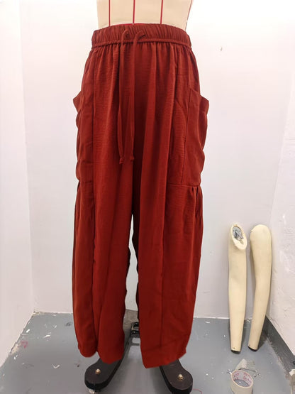 Women's Stretched-waist Pleated High-waisted Wide-leg Trousers Spring Autumn Fashion Cotton Linen Pocket Casual Trousers Woman