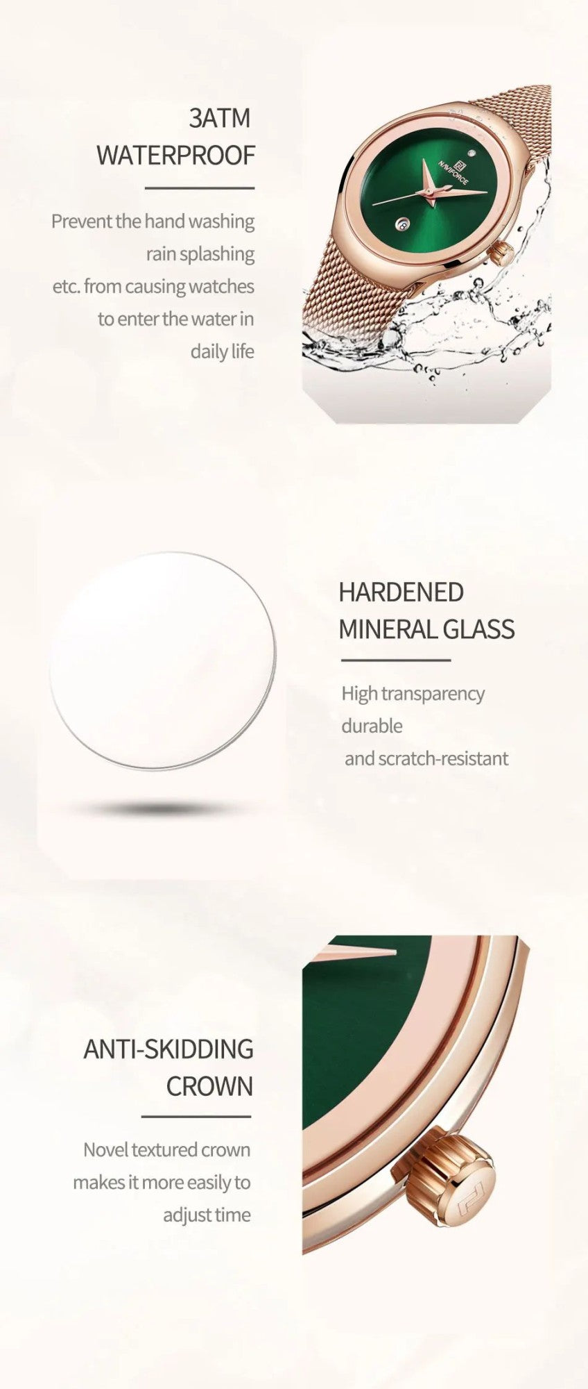 NAVIFORCE Luxury Green Analog Date Quartz Fashion Ladies Watches Mesh Steel Strap Waterproof Business Women Wristwatch Clocks