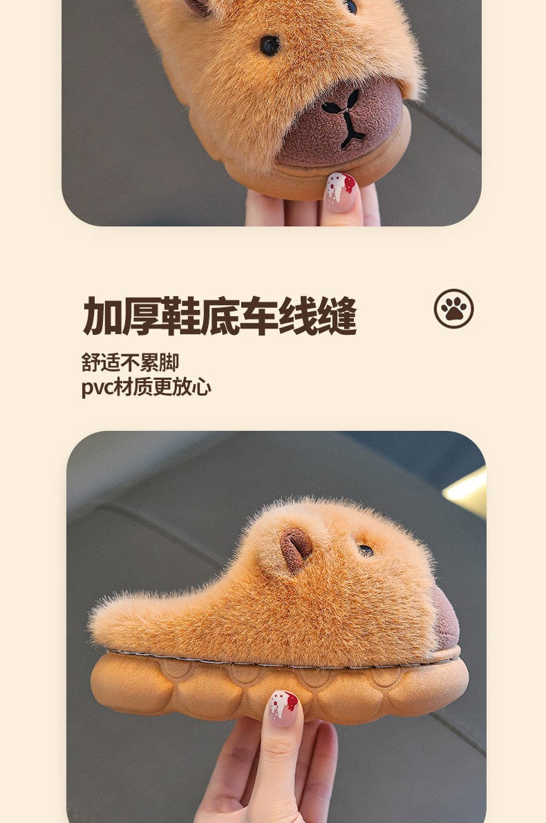 Capybara Children Slippers 2025 Winter New Cute Fluffy Cotton floor shoes woman Warm Indoor Cartoon Plush Floor Home Slippers