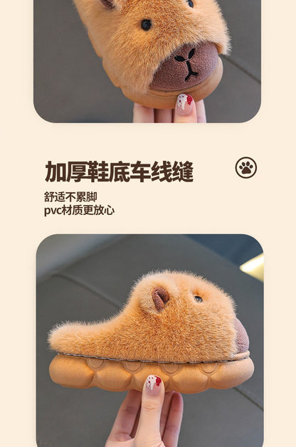 Capybara Children Slippers 2025 Winter New Cute Fluffy Cotton floor shoes woman Warm Indoor Cartoon Plush Floor Home Slippers