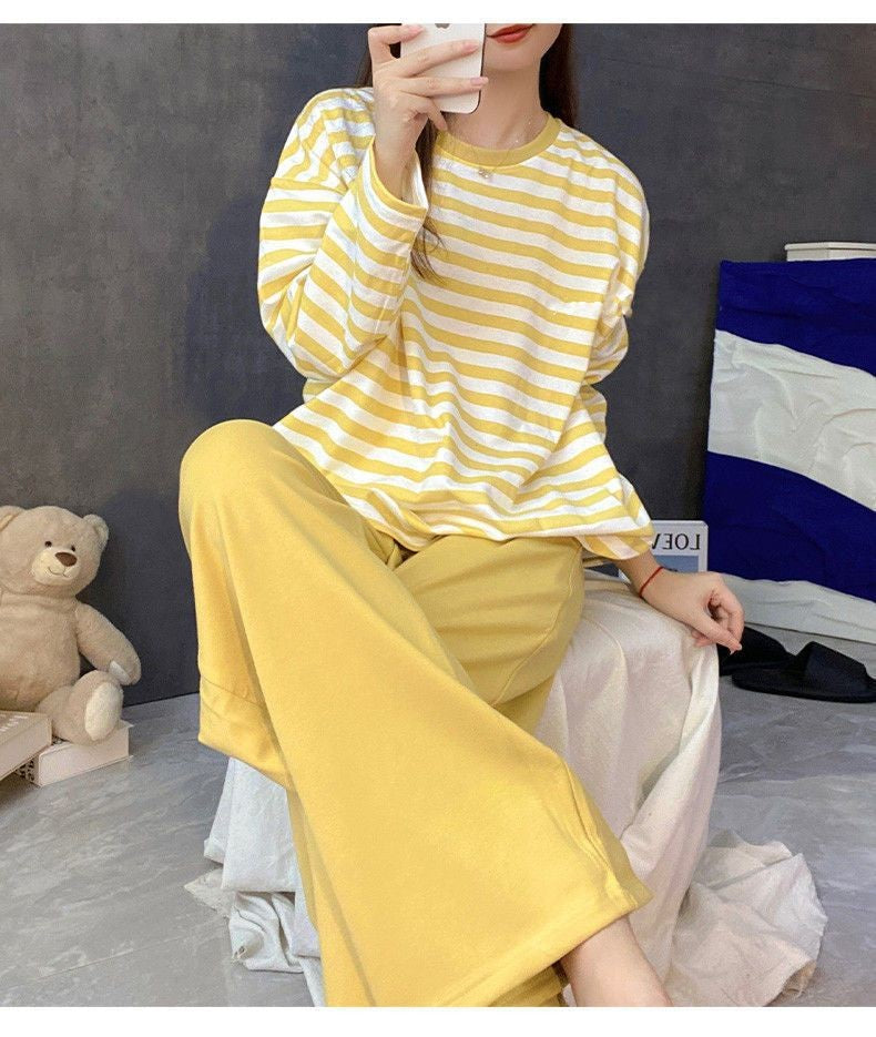 Women's Fall Pajamas with Chest Pads Striped Long Sleeve Plus Size O-Neck Simple Casual Fashion Korean School Pajamas Homewear