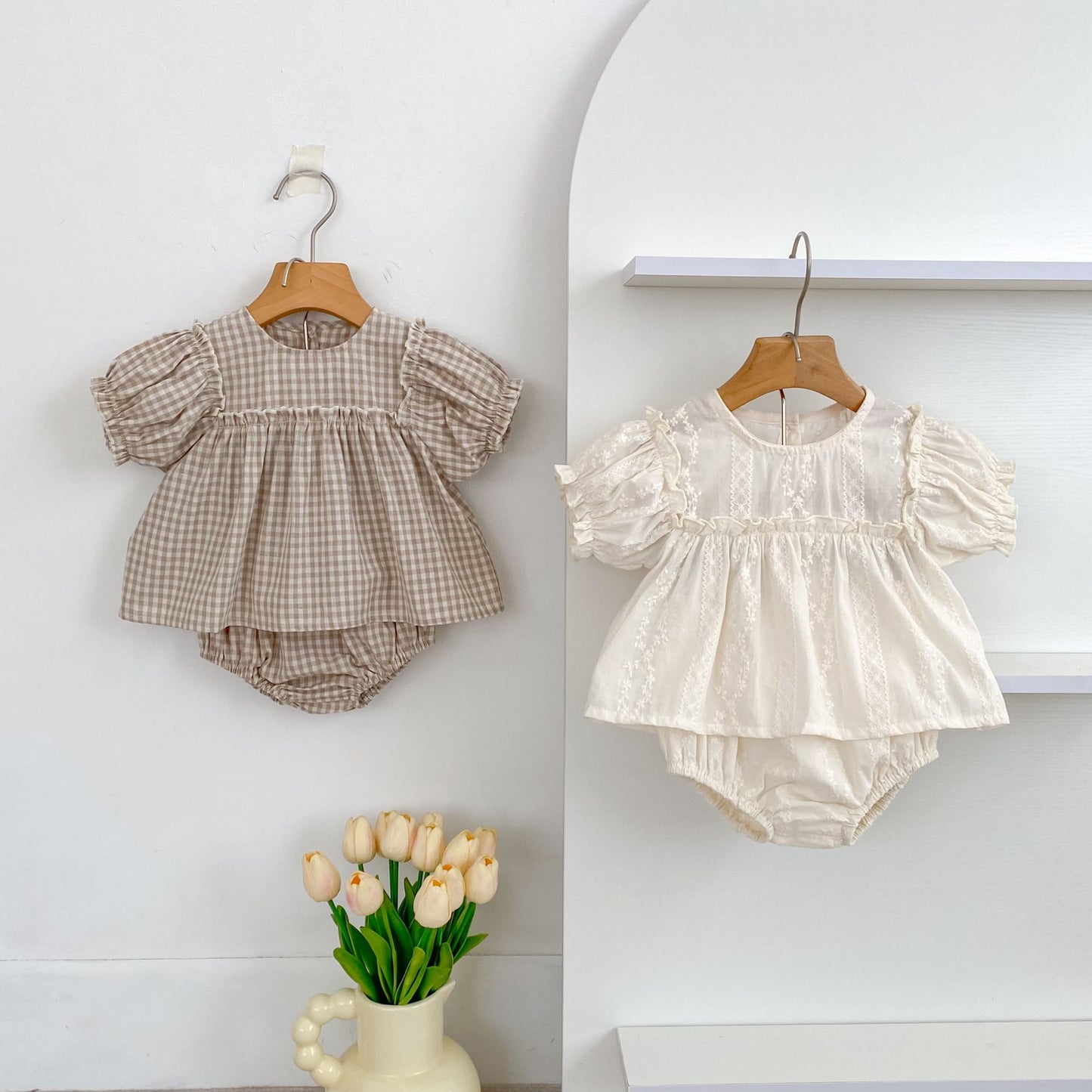 Girls Summer Fashion Set Children's Embroidered Grid Puff Sleeve Top+Shorts Two Piece Cute Baby Girls Clothes Set Baby Clothes