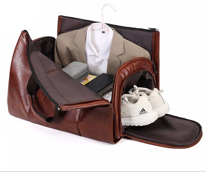 Vintage Suit Travel Bag with Large Capacity Waterproof PU Fabric Independent Shoe Case for Business Trip Suit Protection Bag