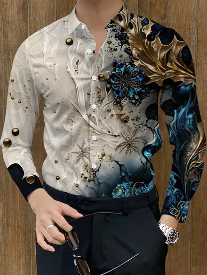 Men's Digital Dot Grid 3D Striped Printed Shirt Casual Breathable Flap Button Shirt Men's Formal Long Sleeve Shirt