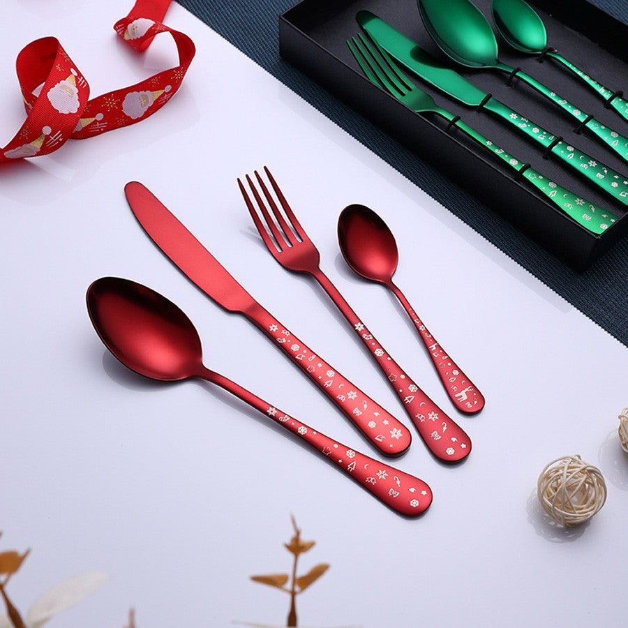 Conjunto de talheres de aço inoxidável com 4 peças Garfo, Faca e Colher com estampa de Flocos de Neve e Árvore de Natal
