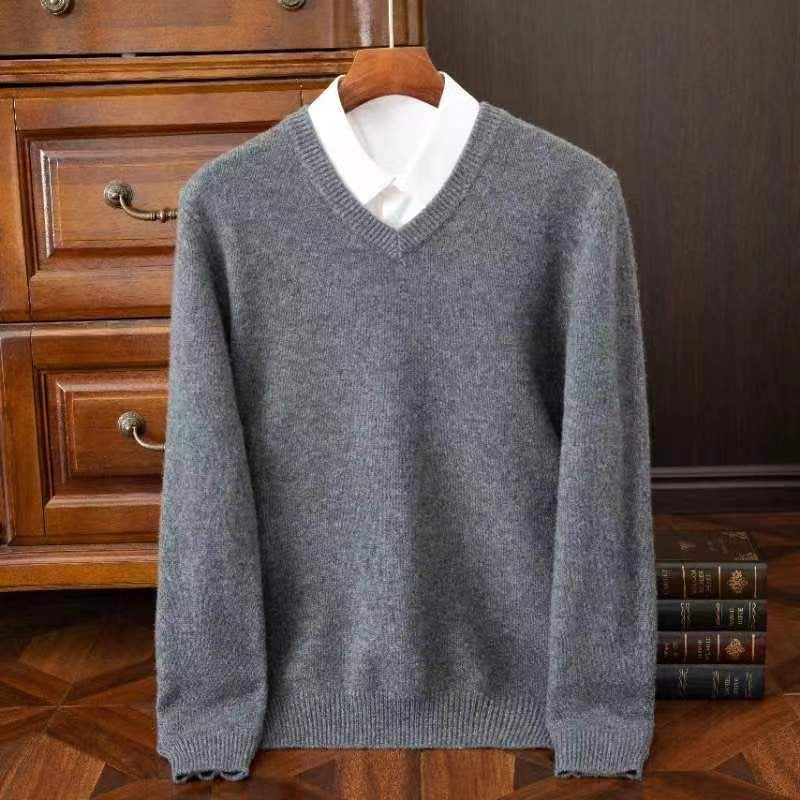 2025 Men's 100% Merino Wool Cashmere V-neck Sweater Pullover Smart Casual Basic Long Sleeve Knitwear Clothes Tops Autumn Winter