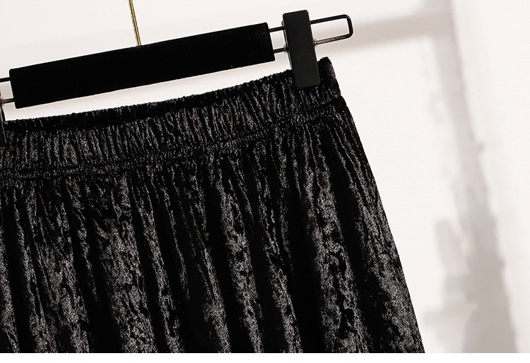 Autumn Winter Girls New A-line Velvet Skirt 2025 Plus Size Gold Velvet Half Pleated Skirt Solid Versatile High Waist Mid Skirt