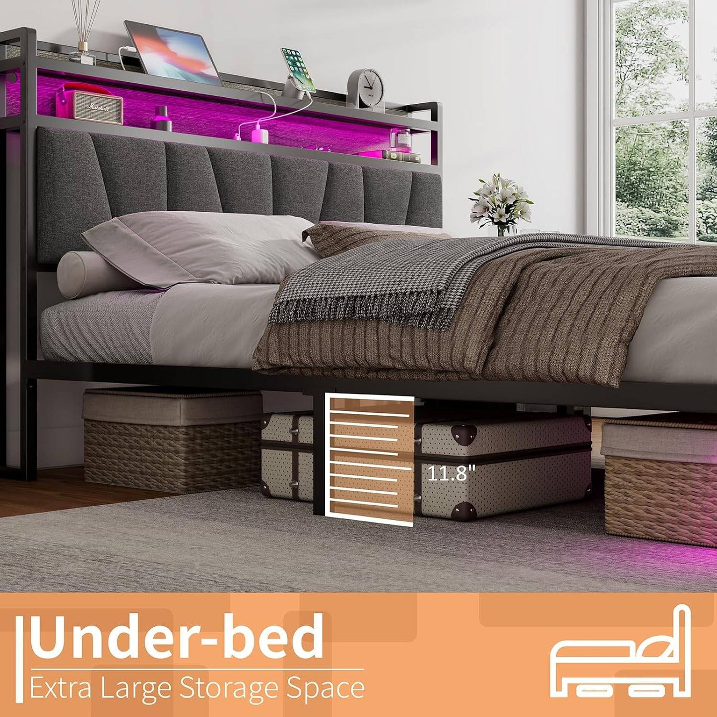 Estrutura de Cama Queen Size com Luzes RGB e Estação de Carregamento, Estrutura de Cama de LED com Cabeceira de Armazenamento Estofada em Linho, Serviço Pesado D