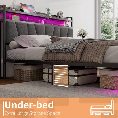 Estrutura de Cama Queen Size com Luzes RGB e Estação de Carregamento, Estrutura de Cama de LED com Cabeceira de Armazenamento Estofada em Linho, Serviço Pesado D