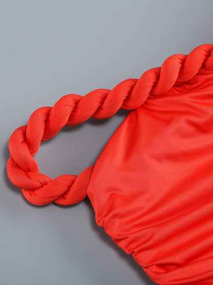 New Sexy One Shoulder Patchwork Twist Knot Draped Mini Dress Women Diagonal Collar Ruched Bodycon Dresses Evening Party Cocktail