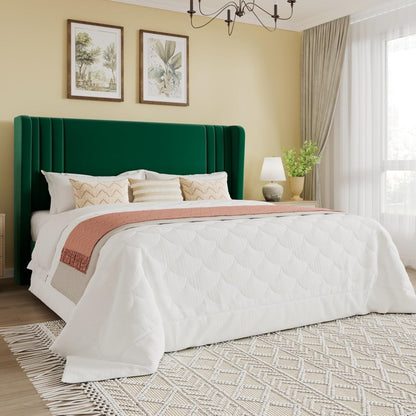Estrutura de Cama Queen Size Estofada em Veludo com Cabeceira de Encosto em Asa com Tufo Vertical, Suporte de Estrado de Madeira