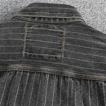 Heavy British retro black gray striped denim shirt for men new autumn end single cargo pocket shirt coat