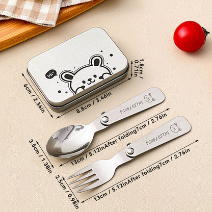 WORTHBUY 3Pcs/Set Portable Foldable Dinnerware Set 304 Stainless Steel Folding Fork Spoon With Cutlery Box Cute Picnic Tableware