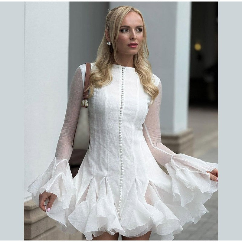 Solid Women Layered Ruffles Midi Dress Fashion Irregular Pleated A-line Long Sle
