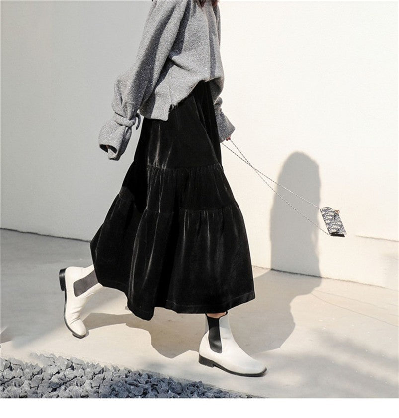 Preppy Style A-line Long Skirt Female Vintage Velvet Solid Skirt Autumn Winter Women Fashion High Waist Office Work Skirts 7XL