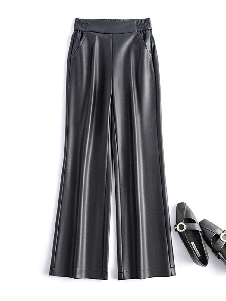 Black Genuine Leather Pants Women Sheepskin Straight Pants Spring Autumn High Waist Belt Loose Real Leather Casual Trousers