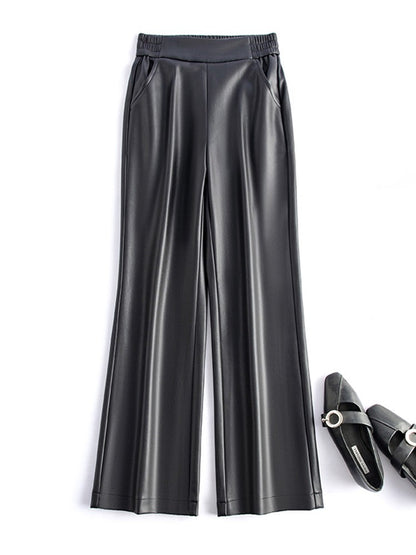 Black Genuine Leather Pants Women Sheepskin Straight Pants Spring Autumn High Waist Belt Loose Real Leather Casual Trousers