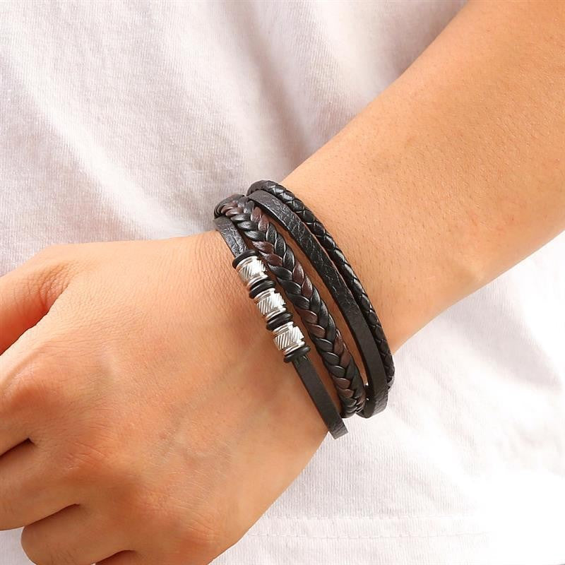 Pulseira de Couro Masculina Punk com Fecho Magnético de Aço Inoxidável Trançado em Camadas Envoltório de Couro Pulseiras Presente Joias Masculinas