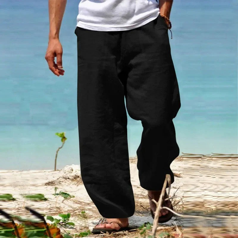 Calças Masculinas de Linho e Algodão Perna Reta Respiráveis Leves Estilo Praia Confortáveis Calças Casuais Primavera Verão