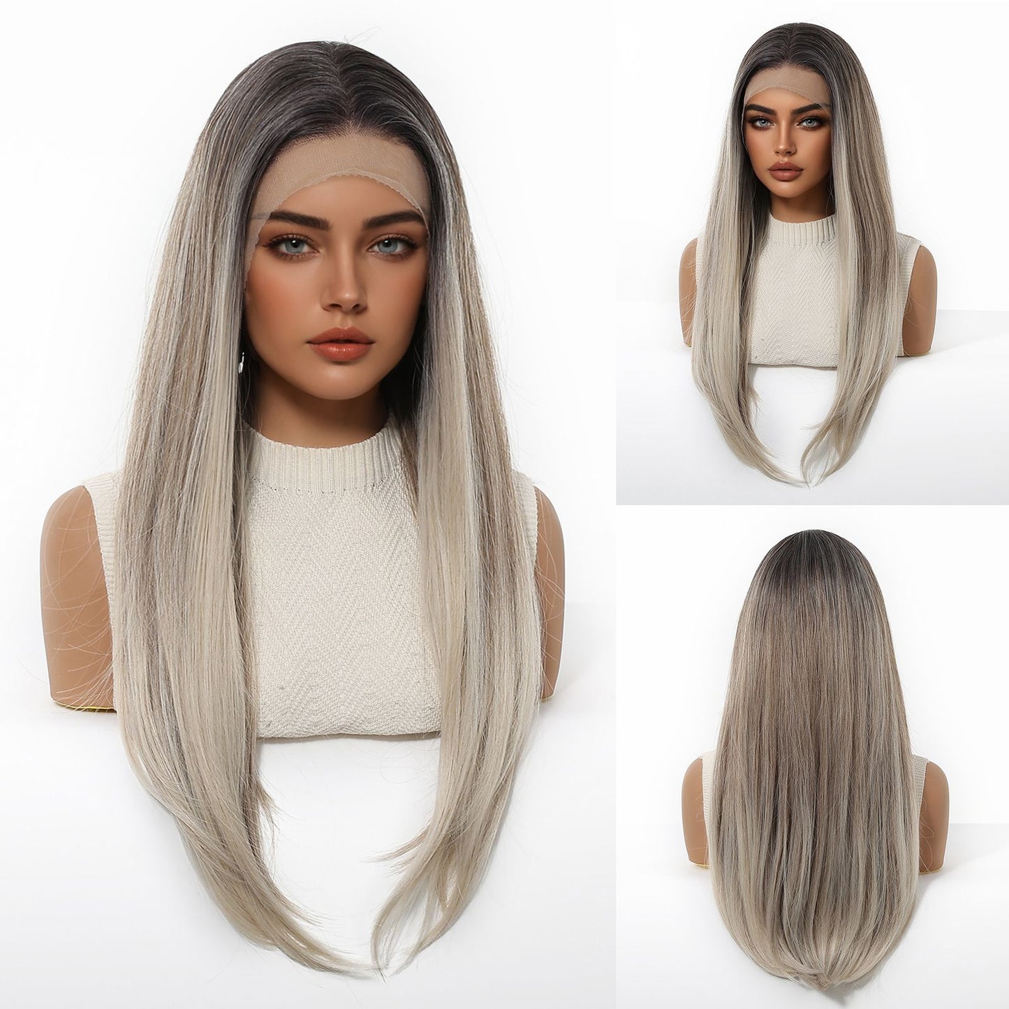 HENRY MARGU Perucas Sintéticas Front Lace 13x4 Cabelo Liso Sedoso Longo Peruca Marrom Escuro para Mulheres 55 cm Resistente ao Calor Uso Diário