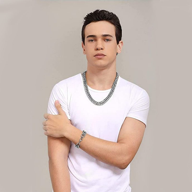 HNSP Stainless Steel LA Cuban Link Chain Silver Color Necklace For Men Jewelry 8/10/12/14MM Width Hip Hop Punk Accessories