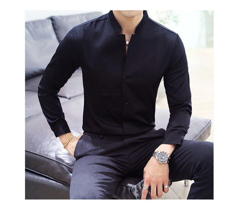 Mens Long Sleeve Shirt Autumn High Quality Stand Collar Casual Slim Solid Color Shirt Oversized Size 5XL Fashion Men Clothing