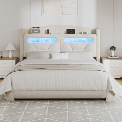 Estrutura de Cama Queen Size com Cabeceira Estofada em Bouclé, Base Plataforma com Armazenamento, Estação de Carregamento, Luzes LED e Espuma Macia