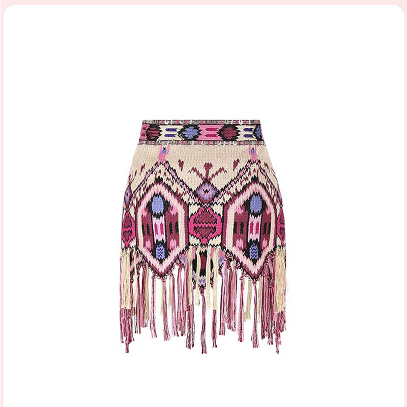 Yeova Women's High Waist Tassel Skirt National Sle Diamond Pattern Asymmetrical Wrap around  Skirt Summer Casual