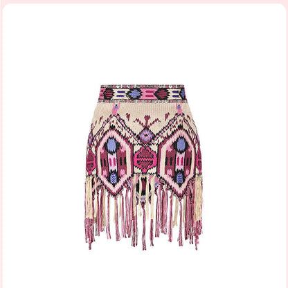 Yeova Women's High Waist Tassel Skirt National Sle Diamond Pattern Asymmetrical Wrap around  Skirt Summer Casual