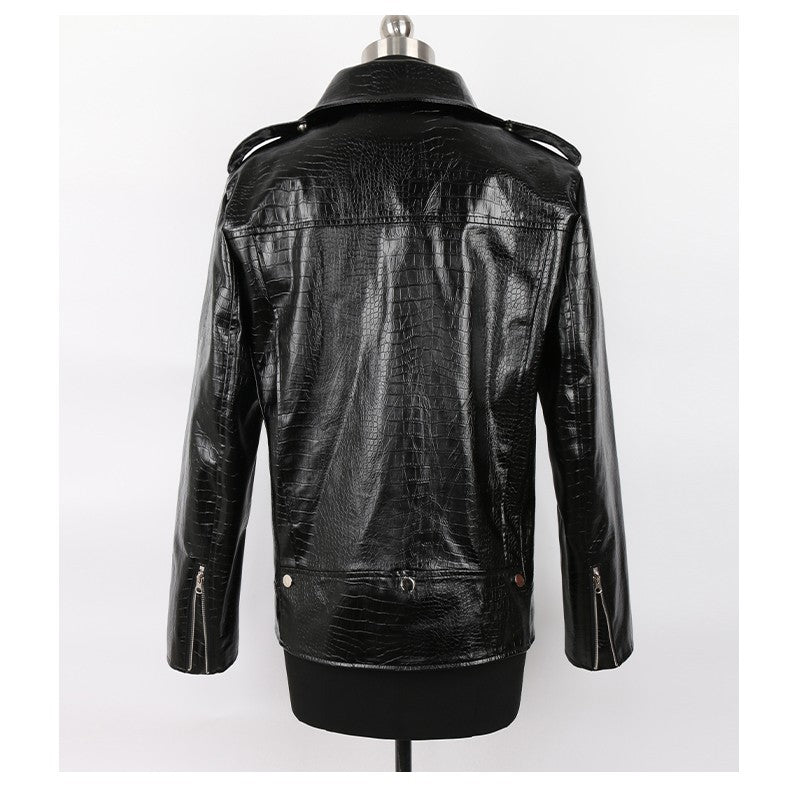 Mauroicardi Spring Red Crocodile Pattern Faux Leather Biker Jacket Long Sleeve Zipper Plus Size Designer Men Clothing 4xl 5xl