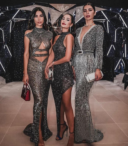 Women's Fashion New Long Sleeved Prom Dress Elegant Sexy Deep V Neck Sequined Fringed Long Slim Dresses Evening Party Dresses