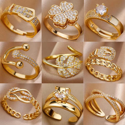 Anéis de Aço Inoxidável Banhados a Ouro com Cristal para Mulheres Corrente Geométrico Zircônia Anel de Dedo Joia Presente anillos mujer 2025 Novo e Moderno