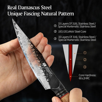 XINZUO 5.5" utility knife, 67 - Layer Damascus Masterpiece, forged with super steel, offers unrivaled sharpness and durability.