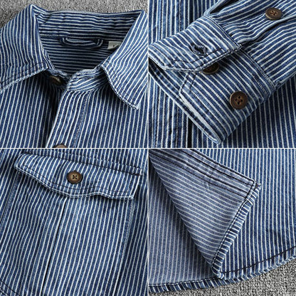 Yarn-dyed striped fabric washed to make old vintage cargo denim shirt for men European and American fashion casual shirt coat