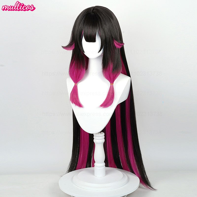Peruca de Cosplay Columbina de Alta Qualidade 105cm Longa Lisa Preta Rosa Cabelo Sintético Resistente ao Calor Anime Fatui Cosplay Perucas + Touca de Peruca