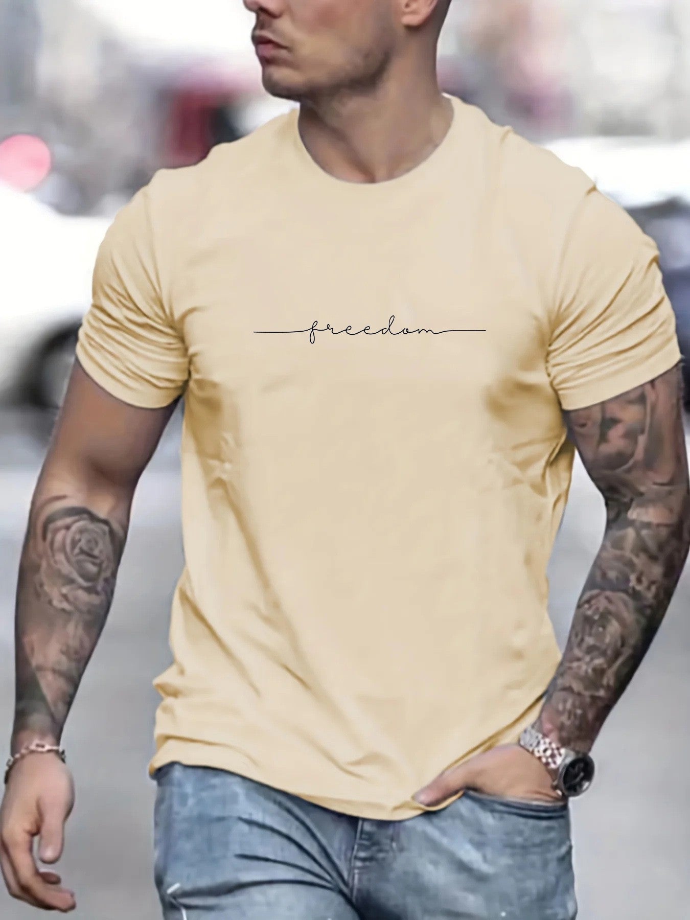 Men's Summer Loose Size 100% Cotton Freedom Graphi Print Casual Slim Fit Round Neck Short Sleeve T-shirt Top
