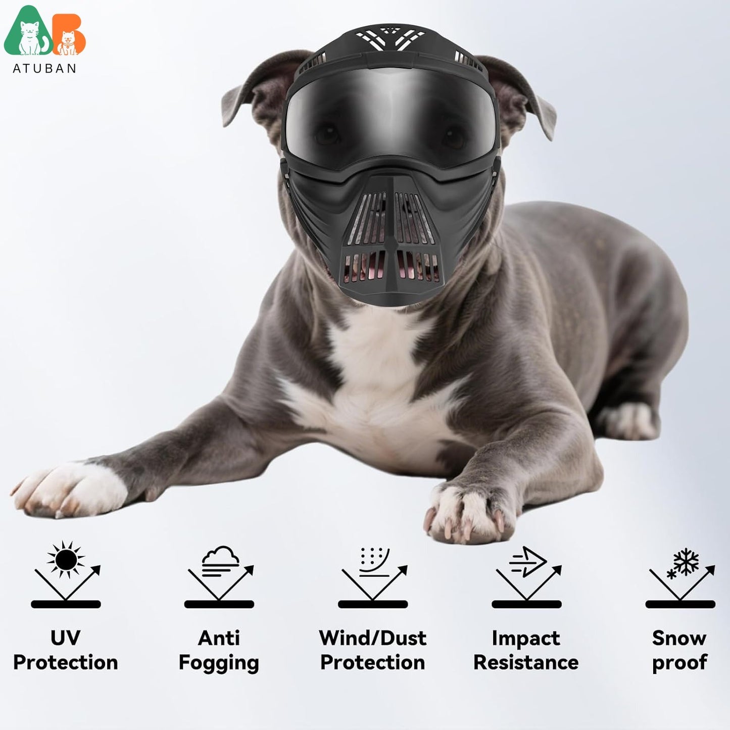 Óculos de proteção para cães ATUBAN raças grandes, óculos de sol de proteção UV de rosto inteiro para cães, proteção contra vento, poeira e neve para olhos de animais de estimação