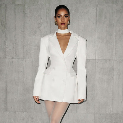 Mozision Deep V Neck Long Sleeve Sexy Mini Blazer Dress Women Elegant Double-breasted High Waist Club Party Blazers Dress