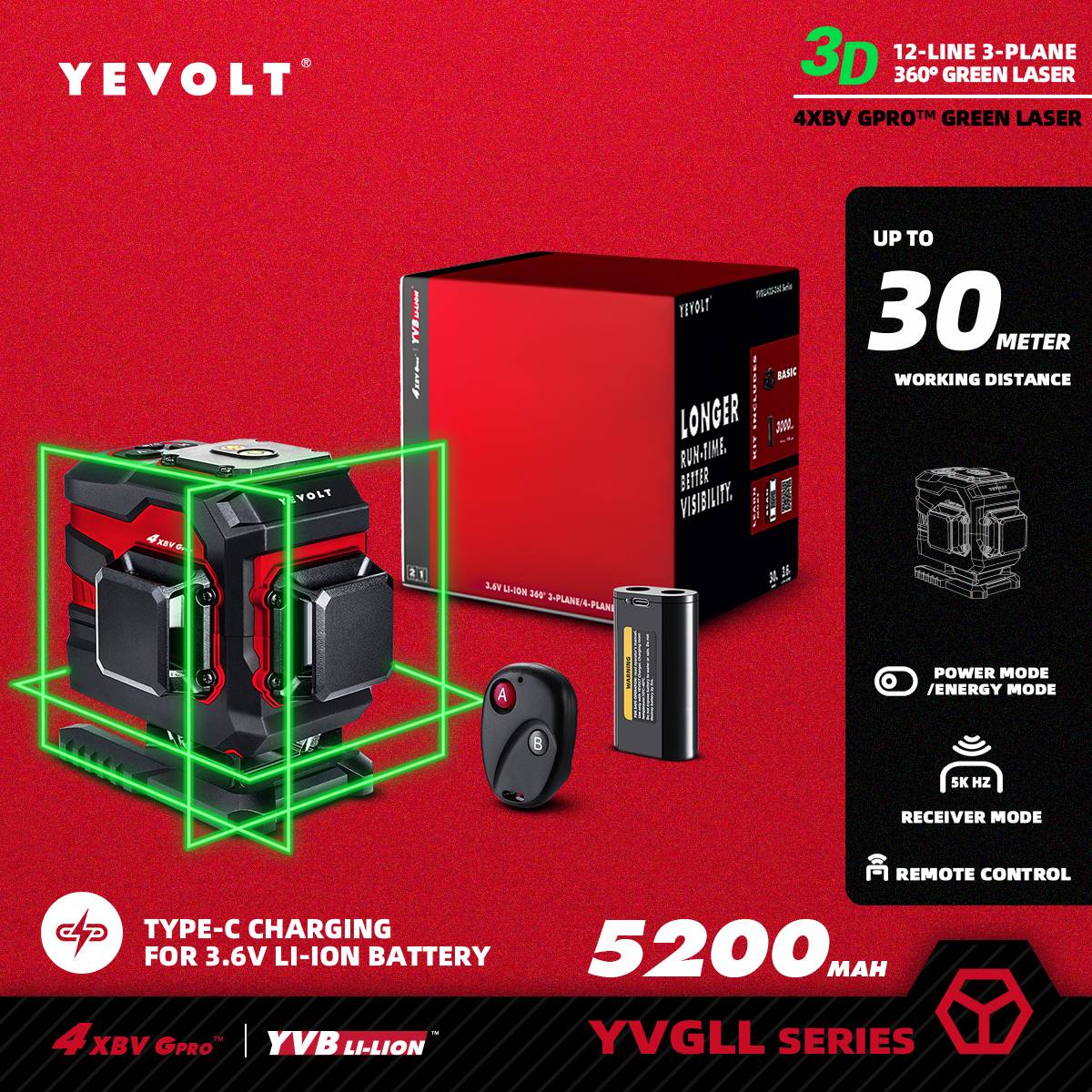 Nível a Laser Verde YEVOLT Série YVGLL4XS12T 3 Planos 12 Linhas Autonivelante 360 3D Horizontal & Vertical Ferramentas de Medição de Energia