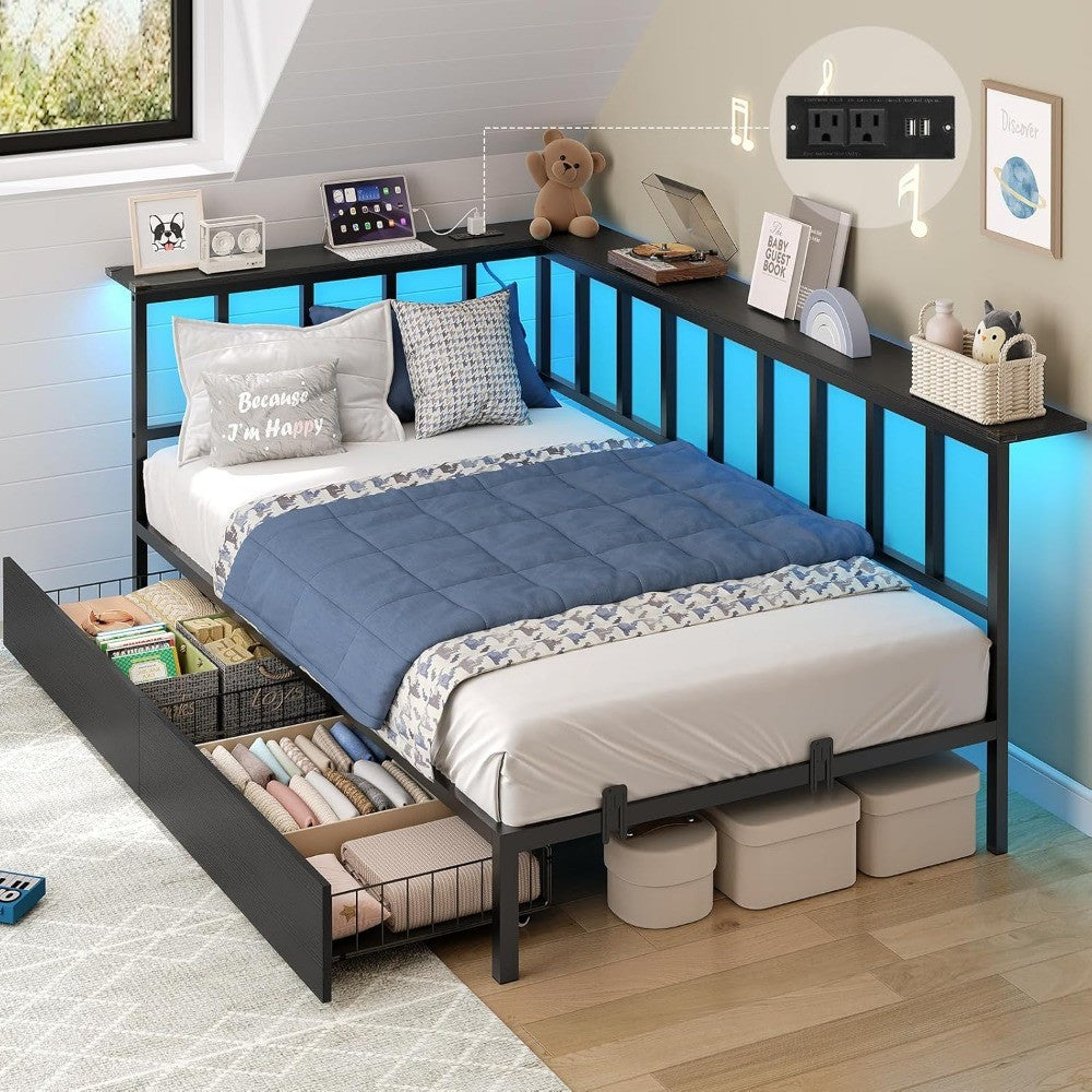 Corner Twin Bed Frame with 2 Storage Drawers and Charging Station,Metal Twin Size Platform Bed Frame with Storage Shelves